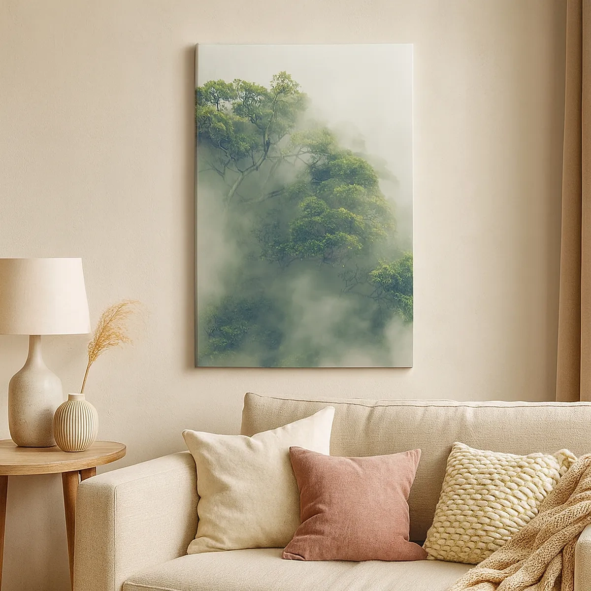 Bild auf Leinwand - Leinwandbild - Grüne Bäume im dichten Nebel vor einem natürlichen Hintergrund - 50x70cm - In Nebel gehüllt - Moderne Wanddekoration für Wohnzimmer und Schlafzimmer ARTTOR