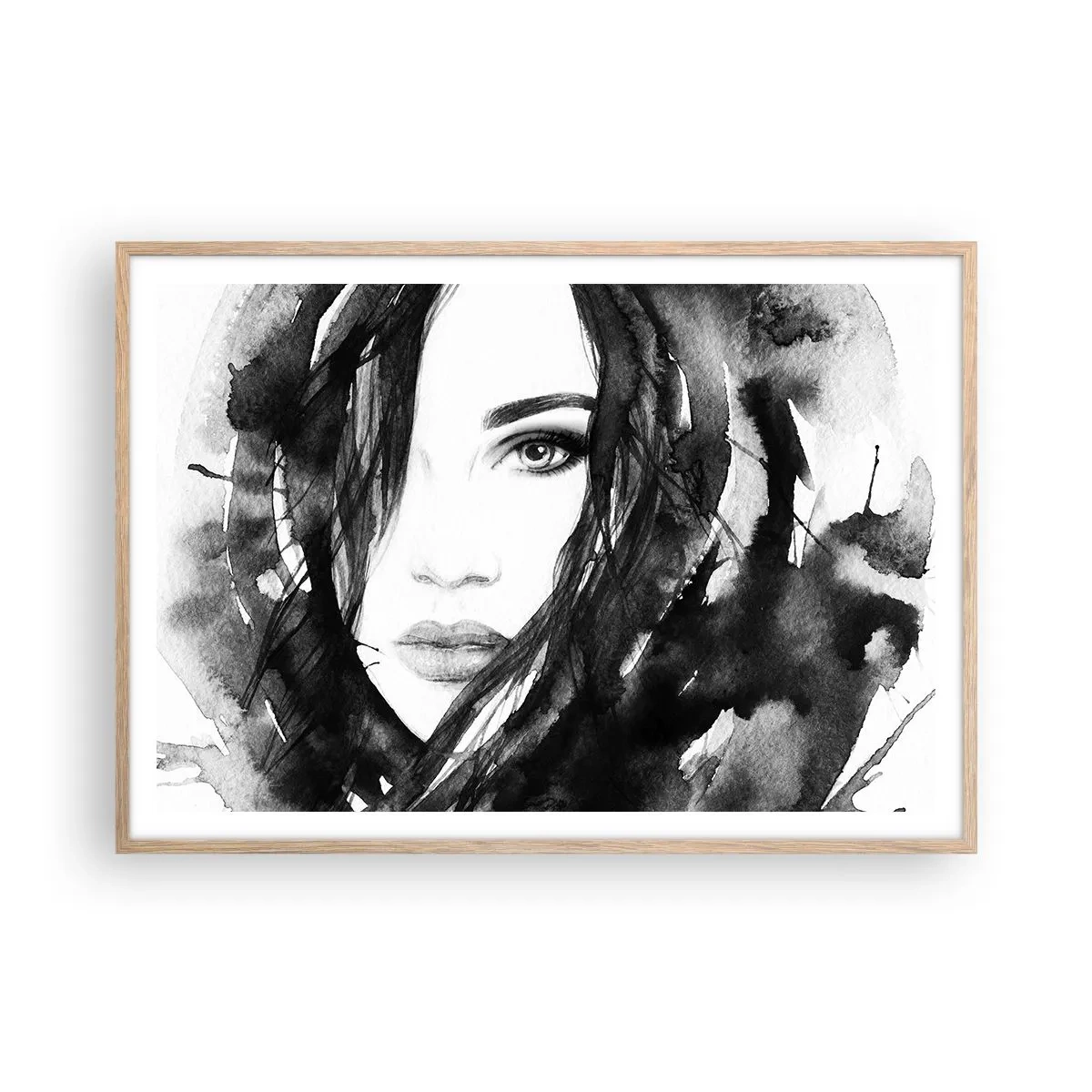 Poster in einem Rahmen aus heller Eiche - Porträt einer Dame in Schwarzweiß - 100x70 cm