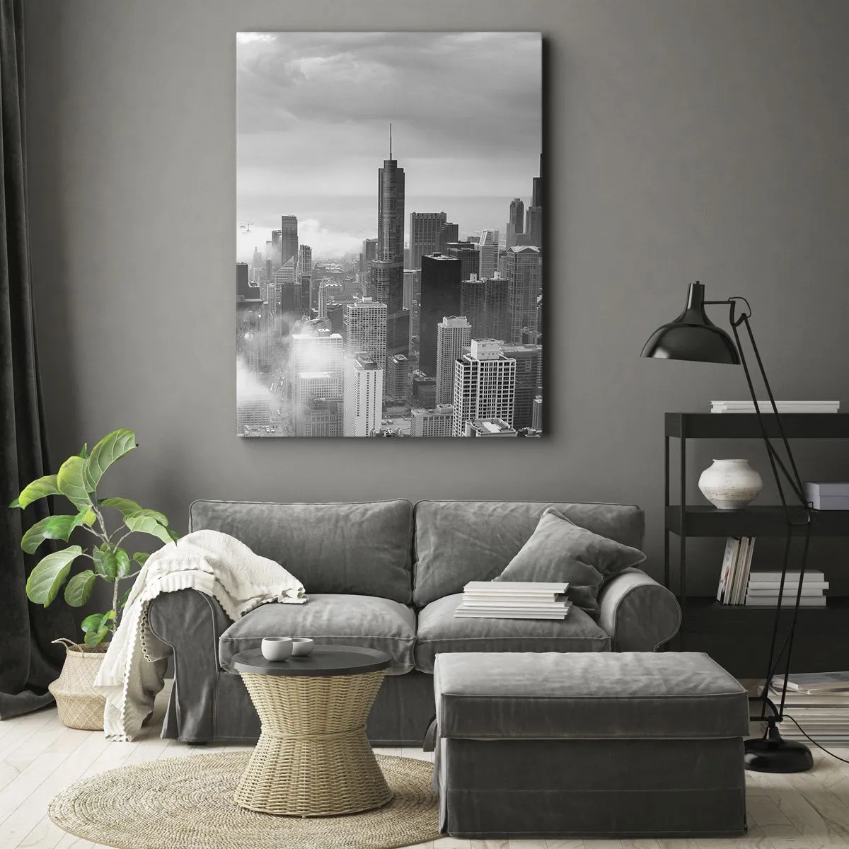 Bild auf Leinwand - Leinwandbild - Stadtpanorama mit Wolkenkratzern in den Wolken in Schwarzweiß - 70x100cm - Amerikanische Landschaft - Moderne Wanddekoration für Wohnzimmer und Schlafzimmer ARTTOR