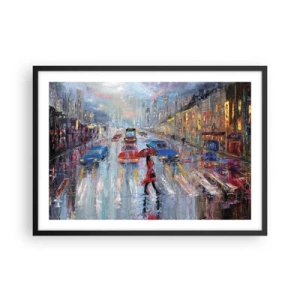 Poster in einem schwarzem Rahmen - Eine Frau mit einem Regenschirm auf einer verregneten Straße im Neonlicht. - 70x50cm - Regnerischer Nachmittag in der Stadt - Moderne Wanddekoration für Wohnzimmer und Schlafzimmer ARTTOR