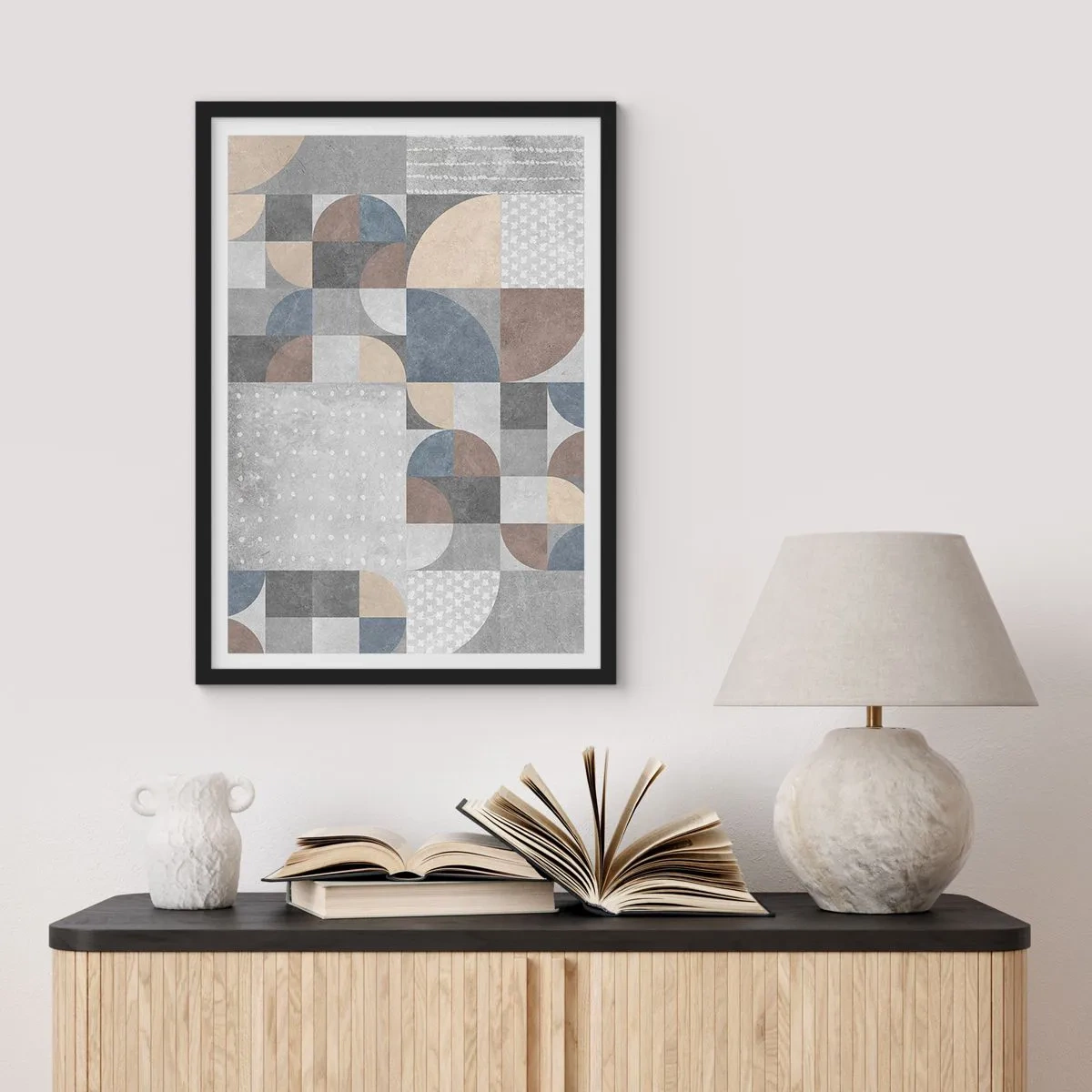 Poster in einem schwarzem Rahmen - Geometrisches Muster in Grau- und Blautönen - 50x70cm - Keramische Fantasie - Moderne Wanddekoration für Wohnzimmer und Schlafzimmer ARTTOR