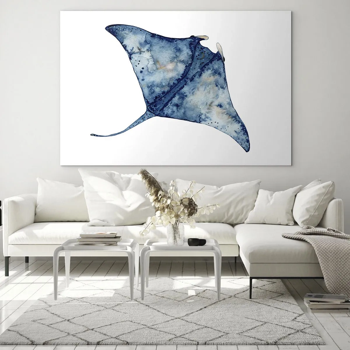 Glasbild - Bild auf glas - Marineblauer Strahl im Aquarellstil auf weißem Hintergrund - 100x70cm - Leben im Blau - Moderne Wanddekoration für Wohnzimmer und Schlafzimmer ARTTOR