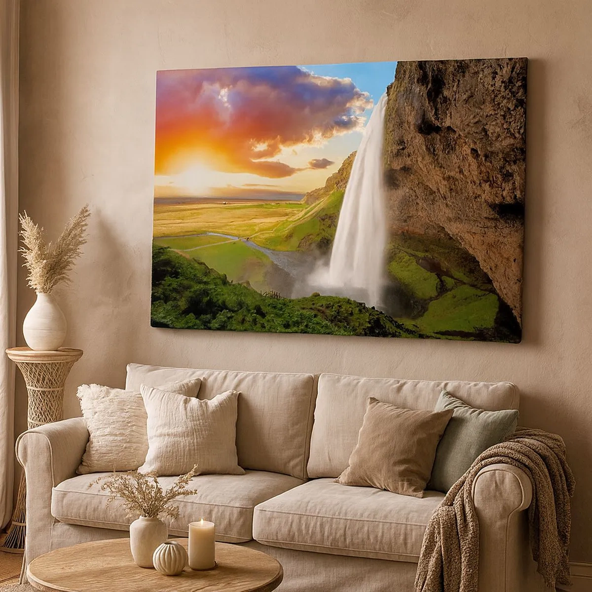 Bild auf Leinwand - Leinwandbild - Ein Wasserfall in einer malerischen Landschaft bei Sonnenuntergang - 70x50cm - Die Fülle des isländischen Sommers - Moderne Wanddekoration für Wohnzimmer und Schlafzimmer ARTTOR