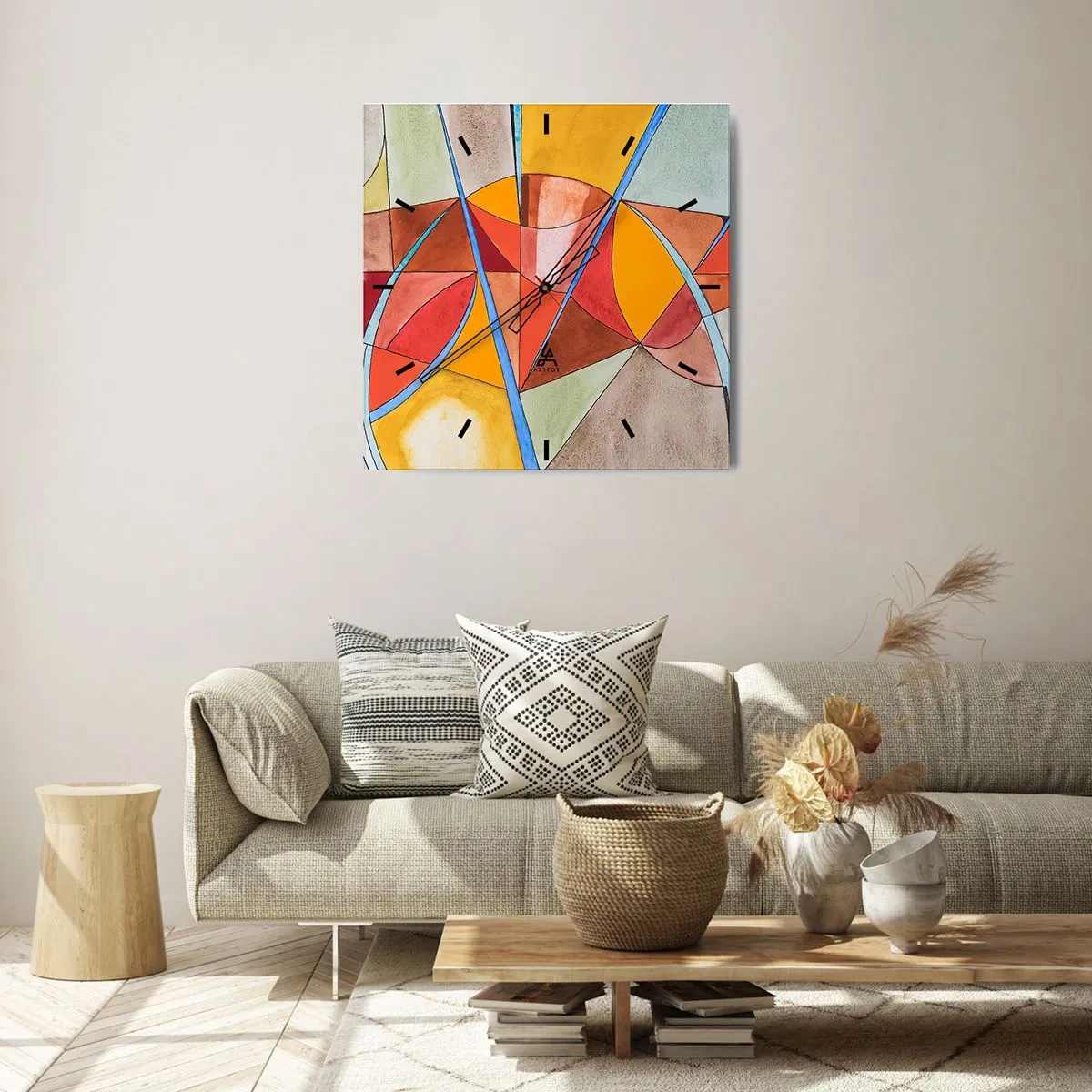 Wanduhr - Glasuhr - Eine abstrakte Komposition in lebendigen geometrischen Farben. - 30x30cm - Das Karussell, das Traumkarussell - Moderne Wanddekoration für Wohnzimmer und Schlafzimmer ARTTOR