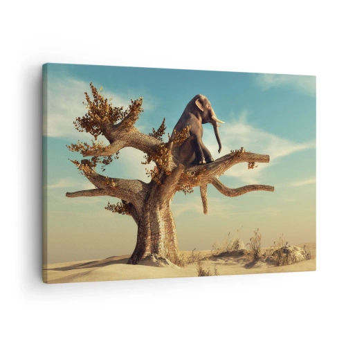 Bild auf Leinwand - Leinwandbild - Ein Elefant sitzt auf einem Baum in einer surrealen Landschaft - 70x50cm - Ein neuer Standpunkt - Moderne Wanddekoration für Wohnzimmer und Schlafzimmer ARTTOR