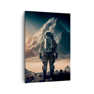 Bild auf Leinwand - Leinwandbild - Astronaut vor der Kulisse majestätischer Berge - 50x70cm - Neue Herausforderung - Moderne Wanddekoration für Wohnzimmer und Schlafzimmer ARTTOR