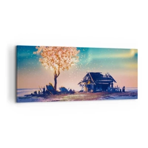 Bild auf Leinwand - Leinwandbild - Ein Haus und ein blühender Baum unter dem Nachthimmel - 120x50cm - Die Natur vergeht nicht - Moderne Wanddekoration für Wohnzimmer und Schlafzimmer ARTTOR