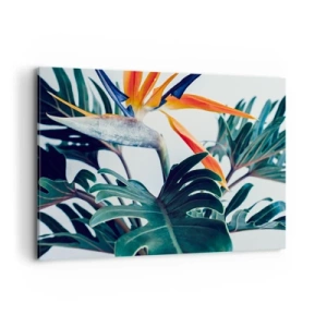 Bild auf Leinwand - Leinwandbild - Strelitzia-Blüte, umgeben von Blättern in hellem Licht - 100x70cm - Vogelbusch - Moderne Wanddekoration für Wohnzimmer und Schlafzimmer ARTTOR
