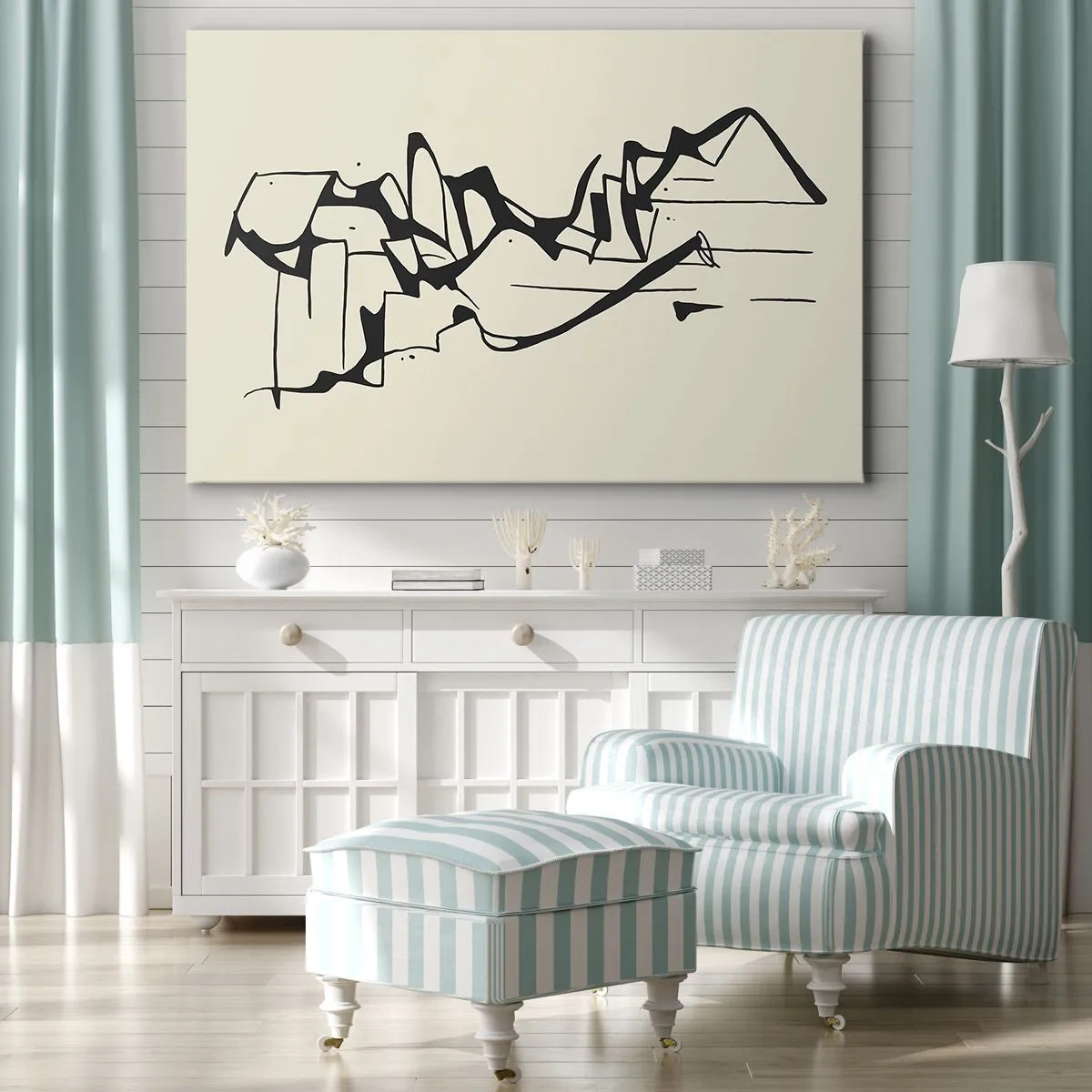 Bild auf Leinwand - Leinwandbild - Abstrakte Zeichnung von Bergen in Schwarz und Weiß - 70x50cm - Vielleicht eine Landschaft - Moderne Wanddekoration für Wohnzimmer und Schlafzimmer ARTTOR