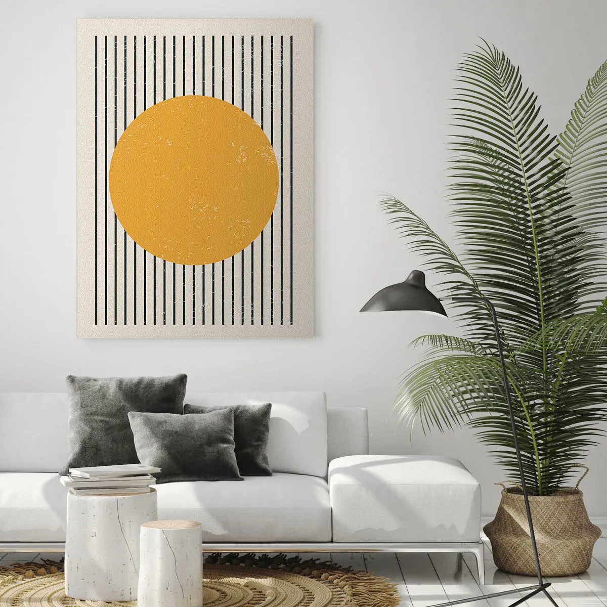 Glasbild - Bild auf glas - Ein gelber Kreis auf einem Hintergrund aus schwarzen und weißen horizontalen Linien - 70x100cm - Die Kraft der Einfachheit - Moderne Wanddekoration für Wohnzimmer und Schlafzimmer ARTTOR