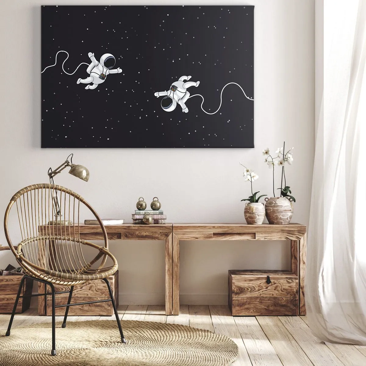 Bild auf Leinwand - Leinwandbild - Astronauten schweben im Weltraum vor dem Hintergrund der Sterne - 120x80cm - Kosmischer Tanz - Moderne Wanddekoration für Wohnzimmer und Schlafzimmer ARTTOR