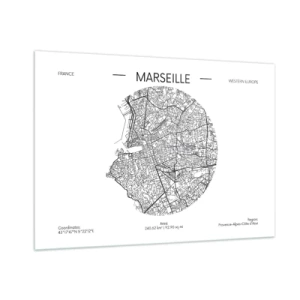 Glasbild - Bild auf glas - Schwarz-weißer Stadtplan von Marseille im modernen Stil - 100x70cm - Anatomie von Marseille - Moderne Wanddekoration für Wohnzimmer und Schlafzimmer ARTTOR