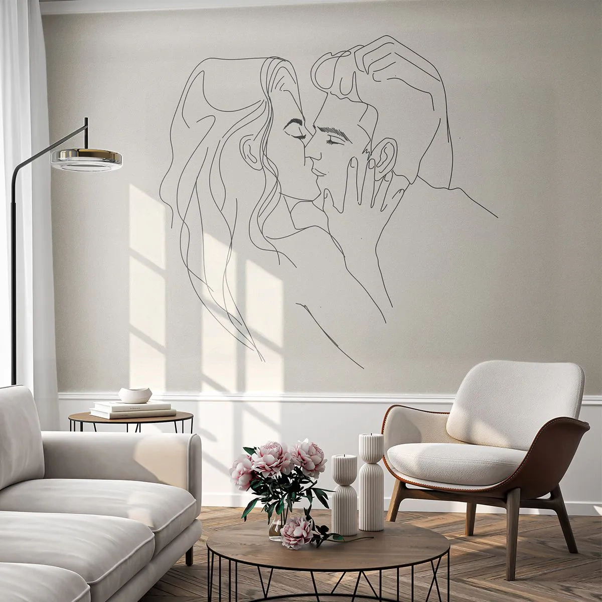 Fototapete Premium Sand - Verstrickt im Gefühl - Grafik, Verliebtes Pärchen, Kuss - 400x280 cm