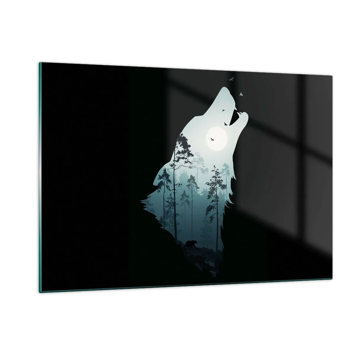 Glasbild - Bild auf glas - Silhouette eines Wolfes mit Wald und Mond im Hintergrund auf schwarzem Hintergrund - 120x80cm - Die Stimme der Waldnacht - Moderne Wanddekoration für Wohnzimmer und Schlafzimmer ARTTOR