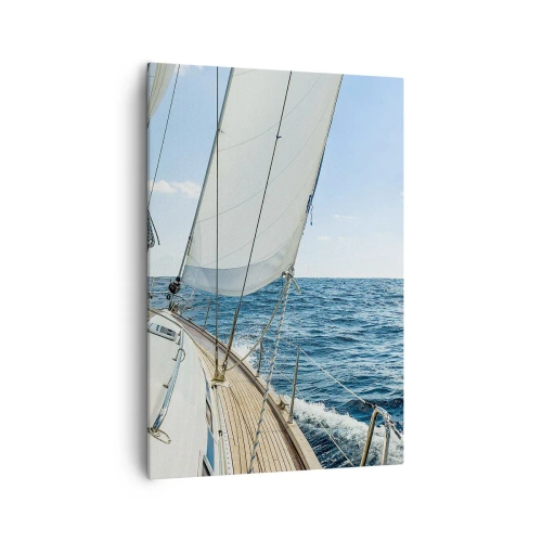 Bild auf Leinwand - Leinwandbild - Ein Segelboot auf ruhiger See unter blauem Himmel - 70x100cm - Ahoi, Abenteuer - Moderne Wanddekoration für Wohnzimmer und Schlafzimmer ARTTOR