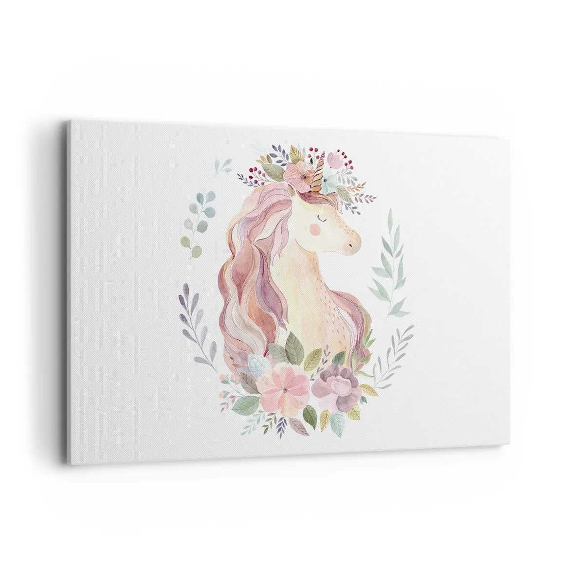 Bild auf Leinwand - Leinwandbild - Ein Einhorn in Pastellfarben, umgeben von Blumen - 120x80cm - Eine Einladung in die Welt der Märchen - Moderne Wanddekoration für Wohnzimmer und Schlafzimmer ARTTOR
