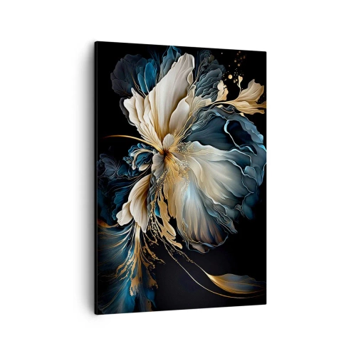 Bild auf Leinwand - Leinwandbild - Eine Blume in Gold- und Marineblautönen auf schwarzem Hintergrund - 50x70cm - Märchenhafte Farnblume - Moderne Wanddekoration für Wohnzimmer und Schlafzimmer ARTTOR