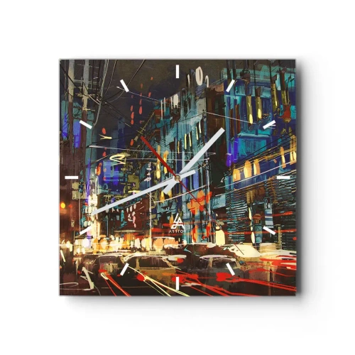 Wanduhr - Glasuhr - Stadtnachtszene mit Neonlichtern - 30x30cm - Abendlicher Straßentrubel - Moderne Wanddekoration für Wohnzimmer und Schlafzimmer ARTTOR