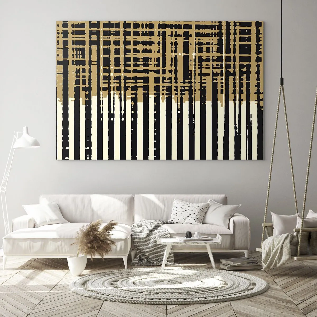 Glasbild - Bild auf glas - Geometrische Streifen und Linien in Schwarz- und Goldtönen - 120x80cm - Architektonische Abstraktion - Moderne Wanddekoration für Wohnzimmer und Schlafzimmer ARTTOR