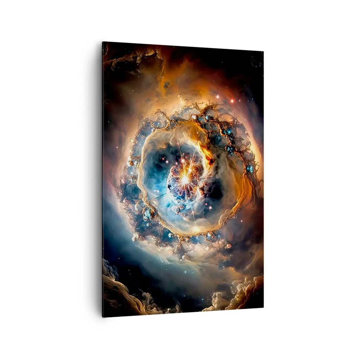 Bild auf Leinwand - Leinwandbild - Eine abstrakte Vision einer kosmischen Explosion in Gold- und Blautönen. - 80x120cm - Anfang - Moderne Wanddekoration für Wohnzimmer und Schlafzimmer ARTTOR