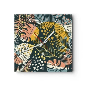 Wanduhr - Glasuhr - Bunte Blätter auf dunklem Hintergrund - 30x30cm - Grüne Fantasie - Moderne Wanddekoration für Wohnzimmer und Schlafzimmer ARTTOR