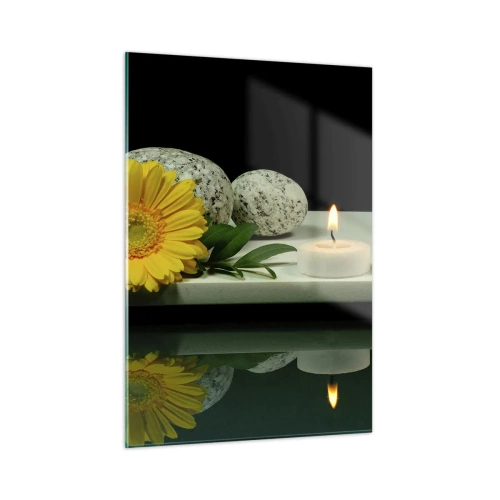 Glasbild - Bild auf glas - Kerzen, Steine und eine gelbe Blume spiegeln sich im Wasser - 50x70cm - Beruhigung der Sinne - Moderne Wanddekoration für Wohnzimmer und Schlafzimmer ARTTOR