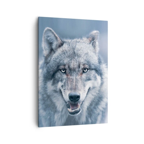 Bild auf Leinwand - Leinwandbild - Ein Wolf mit intensivem Blick in einer Winterlandschaft - 50x70cm - Werden Sie die Herausforderung annehmen? - Moderne Wanddekoration für Wohnzimmer und Schlafzimmer ARTTOR