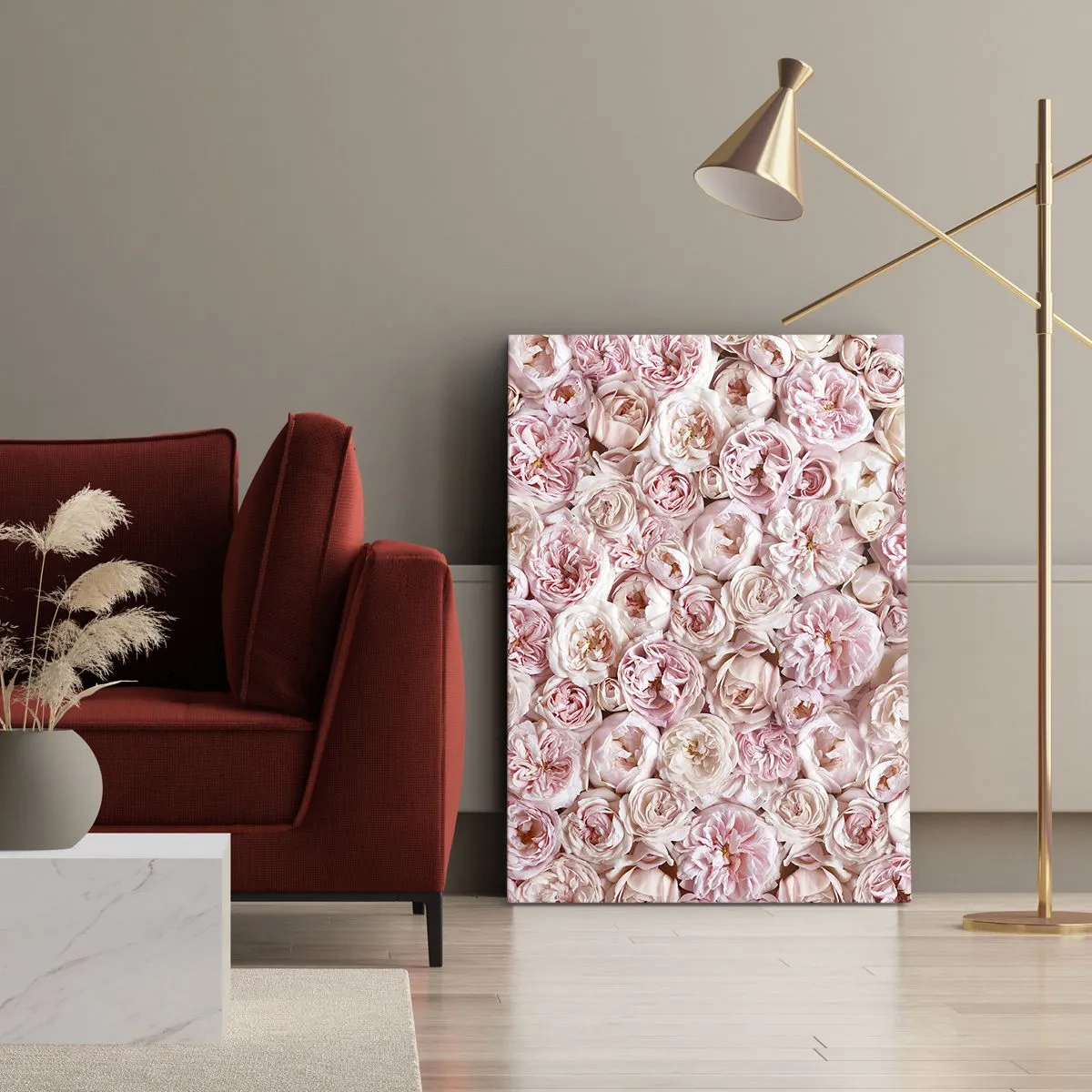 Bild auf Leinwand - Leinwandbild - Zarte Rosen in Rosatönen auf der gesamten Oberfläche - 80x120cm - Auf Rosen gebettet - Moderne Wanddekoration für Wohnzimmer und Schlafzimmer ARTTOR