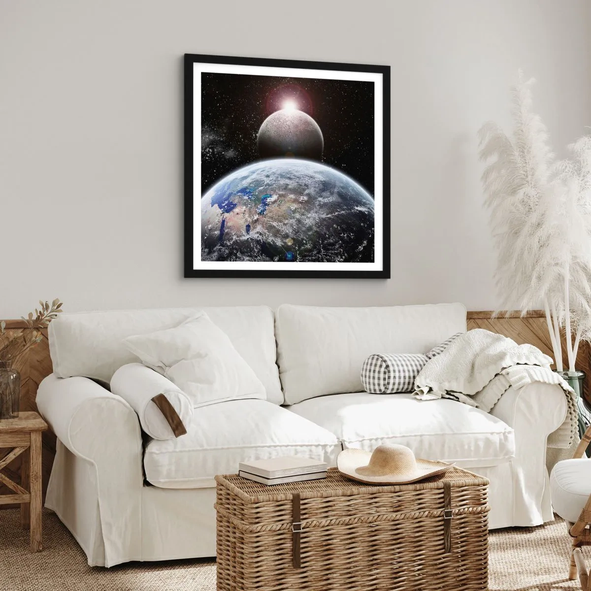 Poster in einem schwarzem Rahmen - Weltraumlandschaft - Sonnenaufgang - 50x50 cm