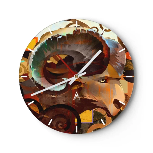 Wanduhr - Glasuhr - Stilisierter Widderkopf mit dynamischem Muster und intensiven Farben - 30x30cm - Magie - Religionen - Rituale - Moderne Wanddekoration für Wohnzimmer, Küche und Schlafzimmer ARTTOR