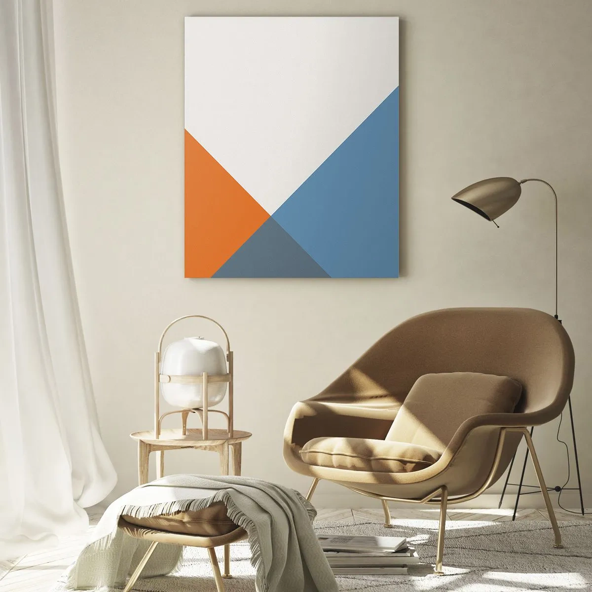 Glasbild - Bild auf glas - Geometrische Dreiecke in Blau- und Orangetönen - 70x100cm - In einem Winkel… - Moderne Wanddekoration für Wohnzimmer und Schlafzimmer ARTTOR