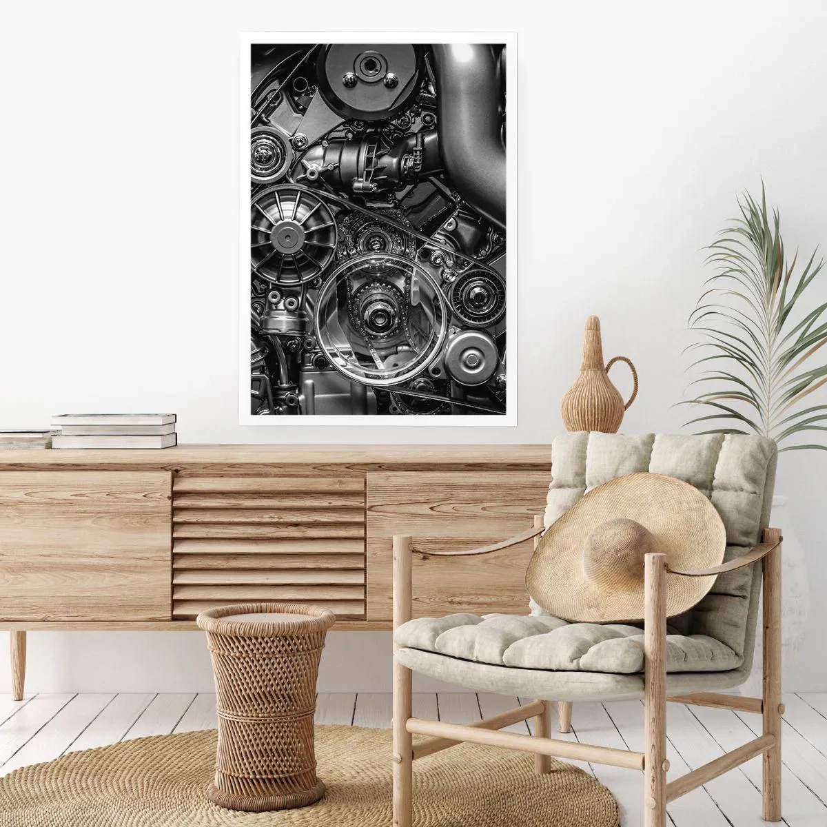 Poster - Detaillierte Nahaufnahme der mechanischen Komponenten des Motors in Schwarzweiß - 50x70cm - Die Poesie der Mechanik - Moderne Wanddekoration für Wohnzimmer und Schlafzimmer ARTTOR