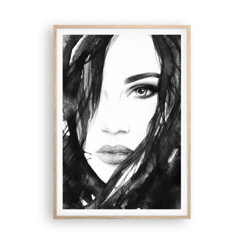 Poster in einem Rahmen aus heller Eiche - Porträt einer Dame in Schwarzweiß - 70x100 cm