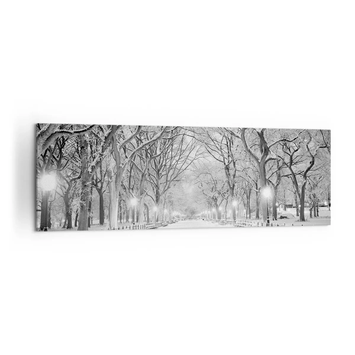 Bild auf Leinwand - Leinwandbild - Eine Winterallee mit schneebedeckten Bäumen in Monochrom - 160x50cm - Vier Jahreszeiten - Winter - Moderne Wanddekoration für Wohnzimmer und Schlafzimmer ARTTOR
