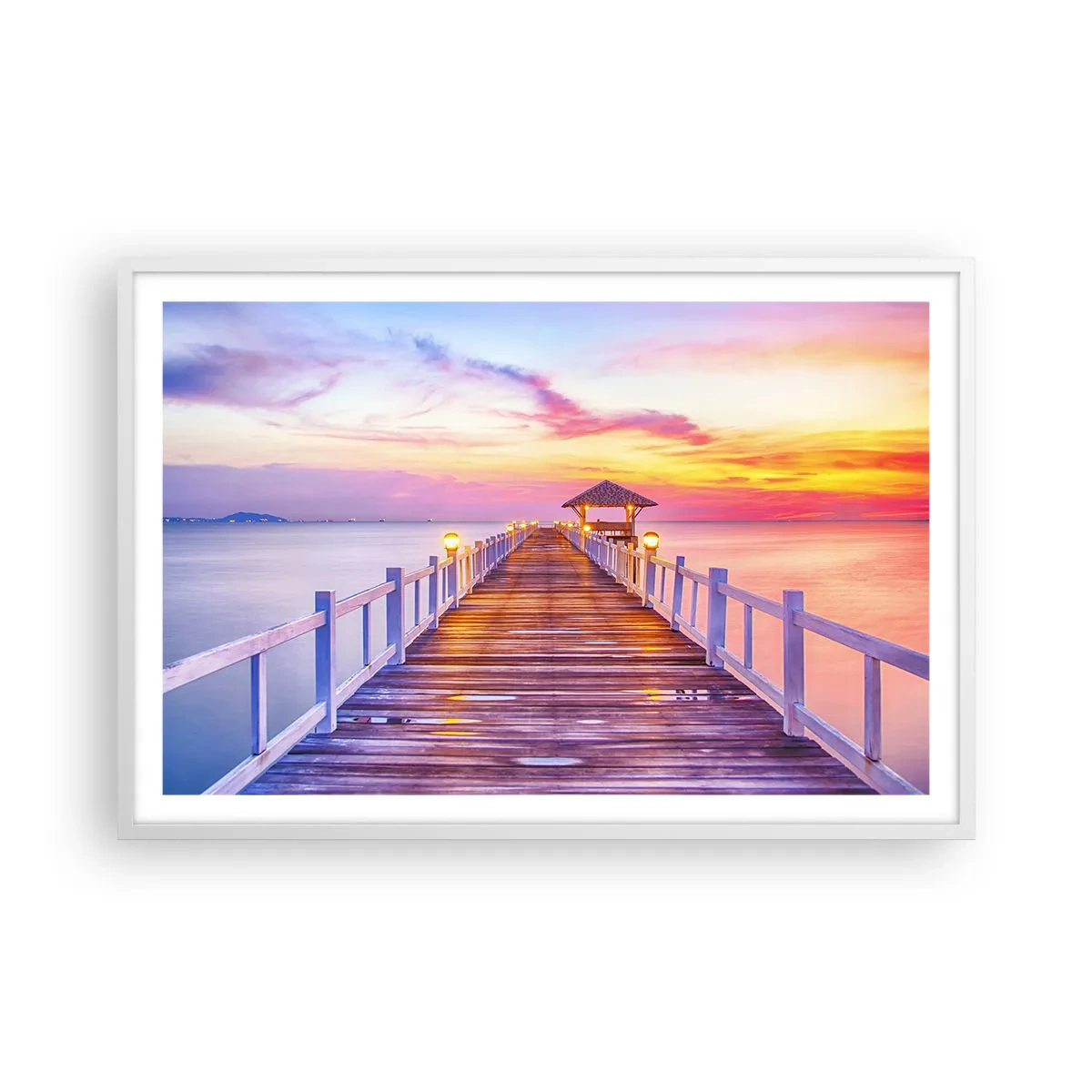 Poster in einem weißen Rahmen - Die lila-goldene Stille des Abends - 91x61 cm