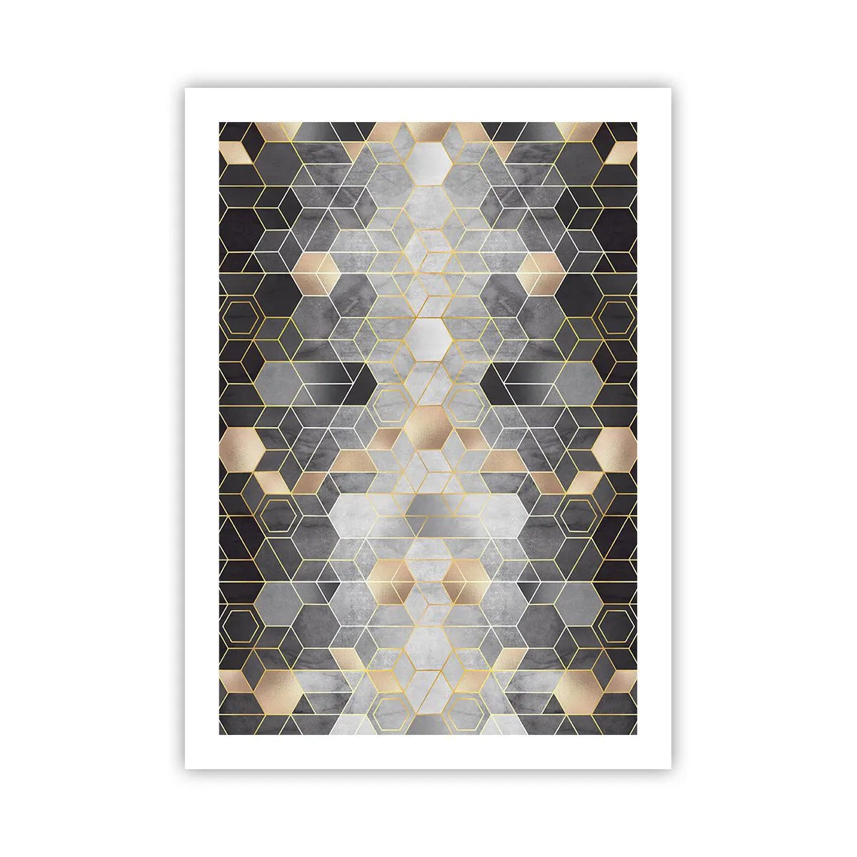 Poster - Geometrisches Sechseckmuster in Gold- und Grautönen - 50x70cm - Diamant-Komposition - Moderne Wanddekoration für Wohnzimmer und Schlafzimmer ARTTOR