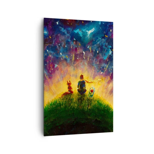 Bild auf Leinwand - Leinwandbild - Figuren auf einem grünen Hügel, umgeben von einem Sternenhimmel - 80x120cm - Liebe und Freundschaft - die ganze Welt - Moderne Wanddekoration für Wohnzimmer und Schlafzimmer ARTTOR