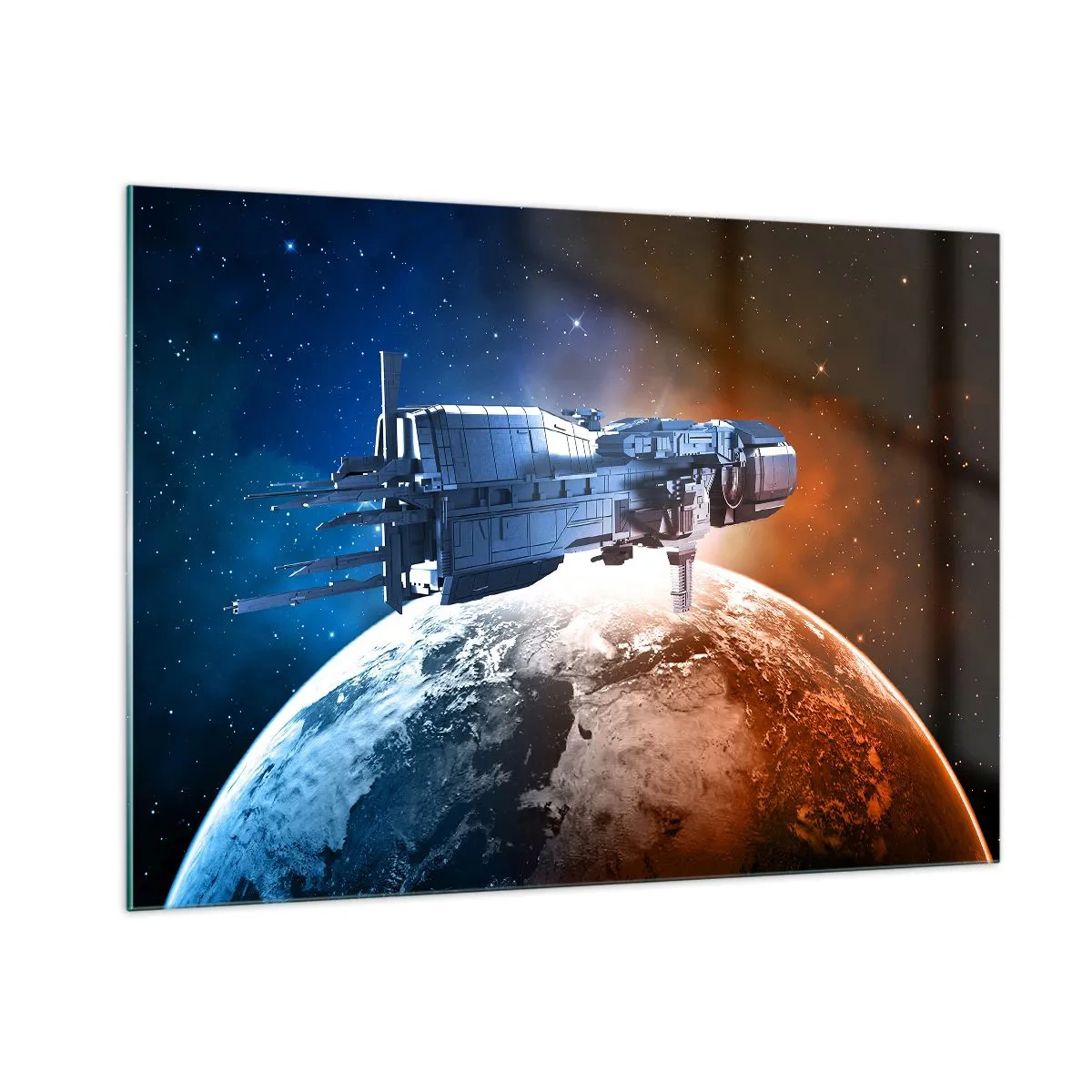 Glasbild - Bild auf glas - Ein Raumschiff, das im Sternenlicht einen Planeten umkreist - 100x70cm - Ein aufmerksamer Beobachter - Moderne Wanddekoration für Wohnzimmer und Schlafzimmer ARTTOR