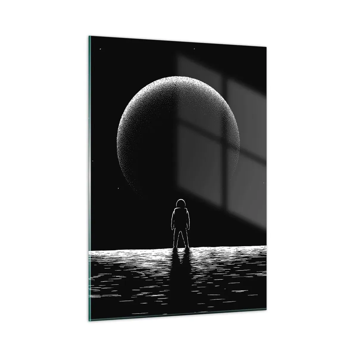 Glasbild - Bild auf glas - Astronaut steht vor einem Planeten in Schwarzweiß - 50x70cm - Angesicht zu Angesicht - Moderne Wanddekoration für Wohnzimmer und Schlafzimmer ARTTOR