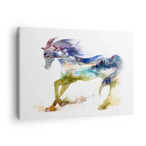 Bild auf Leinwand - Leinwandbild - Aquarell eines Pferdes mit einer Berglandschaft in der Silhouette - 70x50cm - Von der Wiese direkt in den Himmel - Moderne Wanddekoration für Wohnzimmer und Schlafzimmer ARTTOR