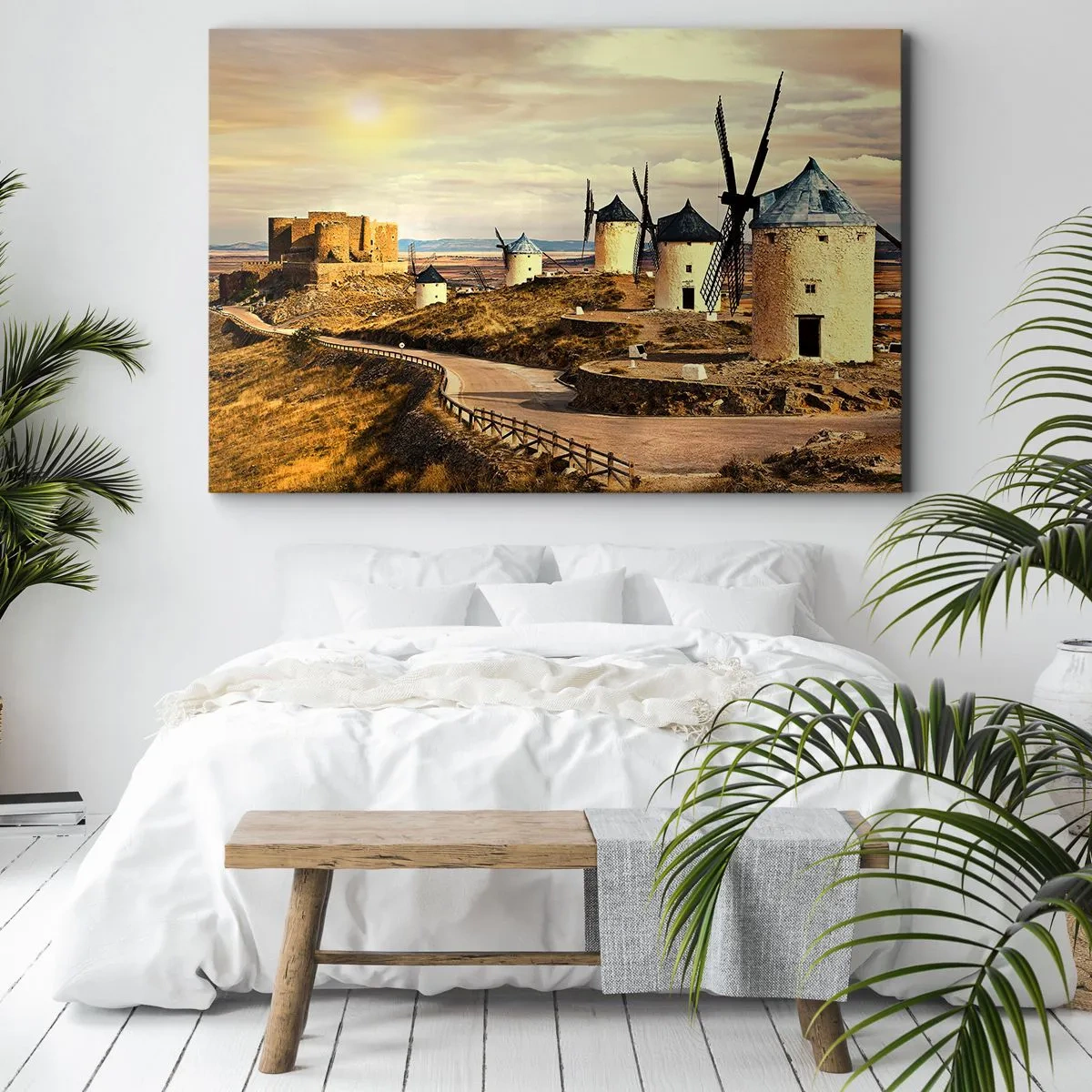 Bild auf Leinwand - Leinwandbild - Windmühlen auf den Hügeln mit einer historischen Burg im Hintergrund - 70x50cm - Don Quijote kommt gleich - Moderne Wanddekoration für Wohnzimmer und Schlafzimmer ARTTOR