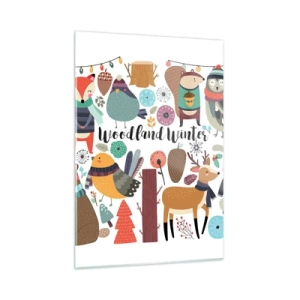 Glasbild - Bild auf glas - Winterwald mit niedlichen Tieren in der Illustration - 50x70cm - Märchenhafter Urlaub im Wald - Moderne Wanddekoration für Wohnzimmer und Schlafzimmer ARTTOR