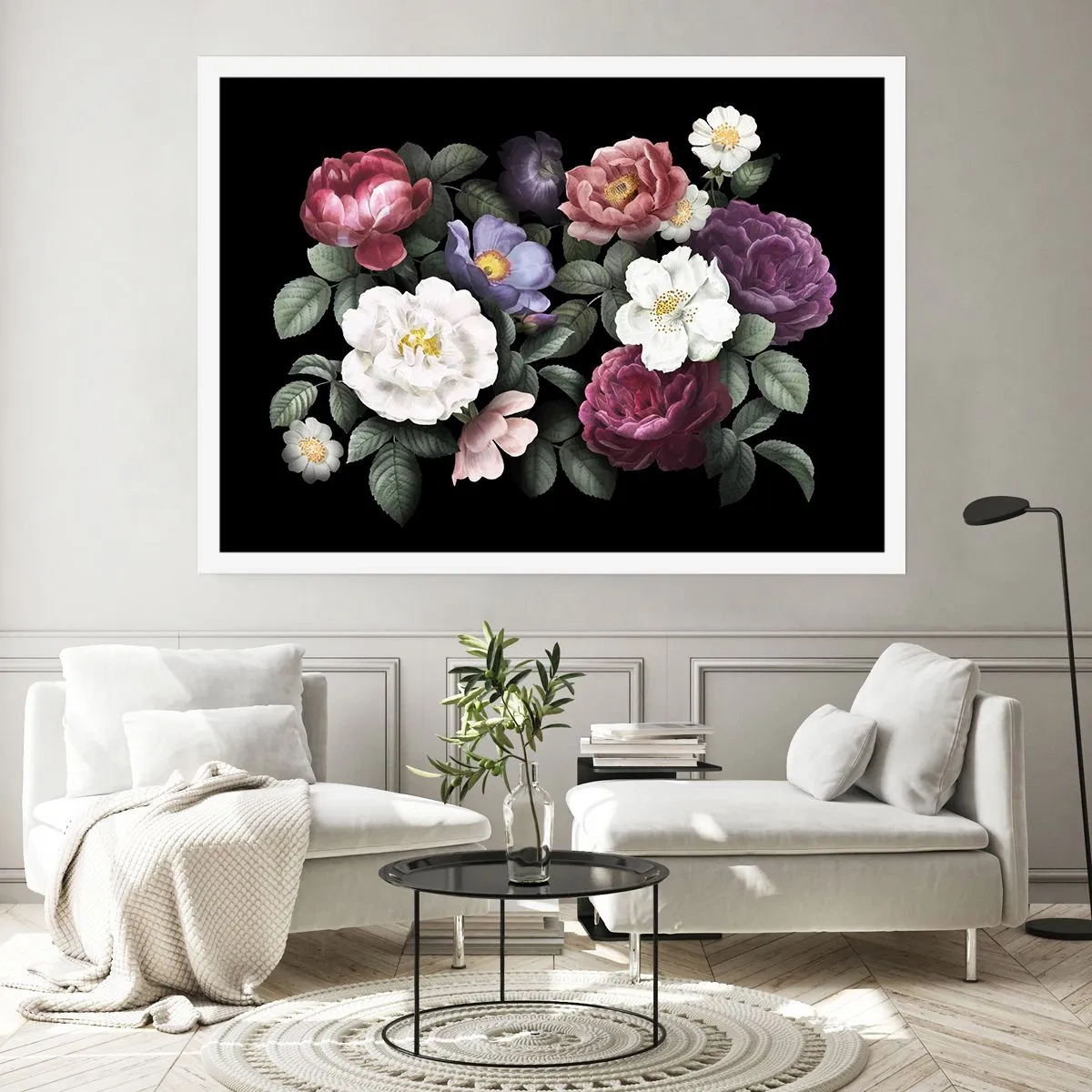 Poster - Blumen in verschiedenen Farben auf schwarzem Hintergrund - 100x70cm - Aus dem Englischen Garten - Moderne Wanddekoration für Wohnzimmer und Schlafzimmer ARTTOR