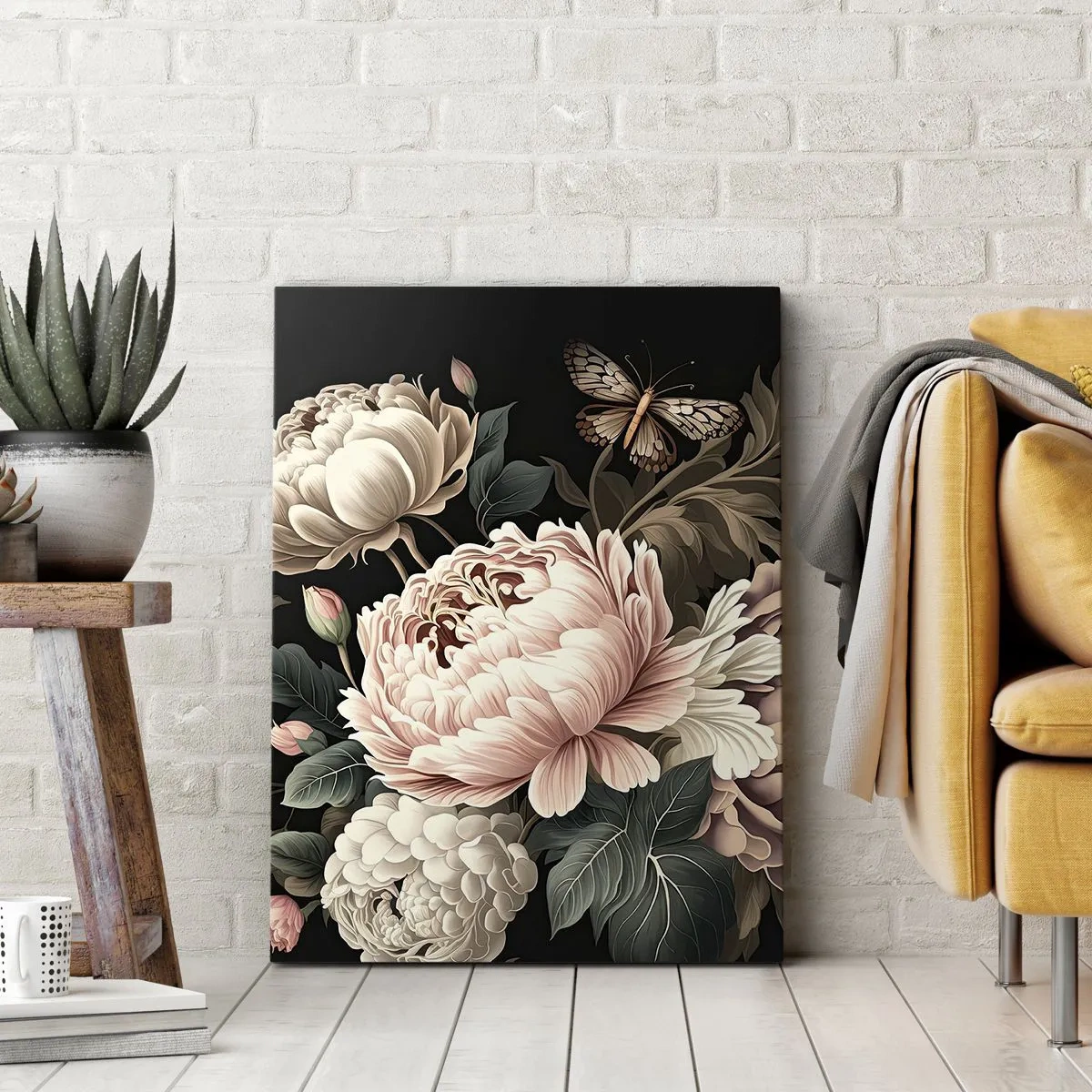 Bild auf Leinwand - Leinwandbild - Ein Strauß rosa Blumen und Schmetterlinge auf schwarzem Hintergrund - 70x100cm - Im Barockstil - Moderne Wanddekoration für Wohnzimmer und Schlafzimmer ARTTOR