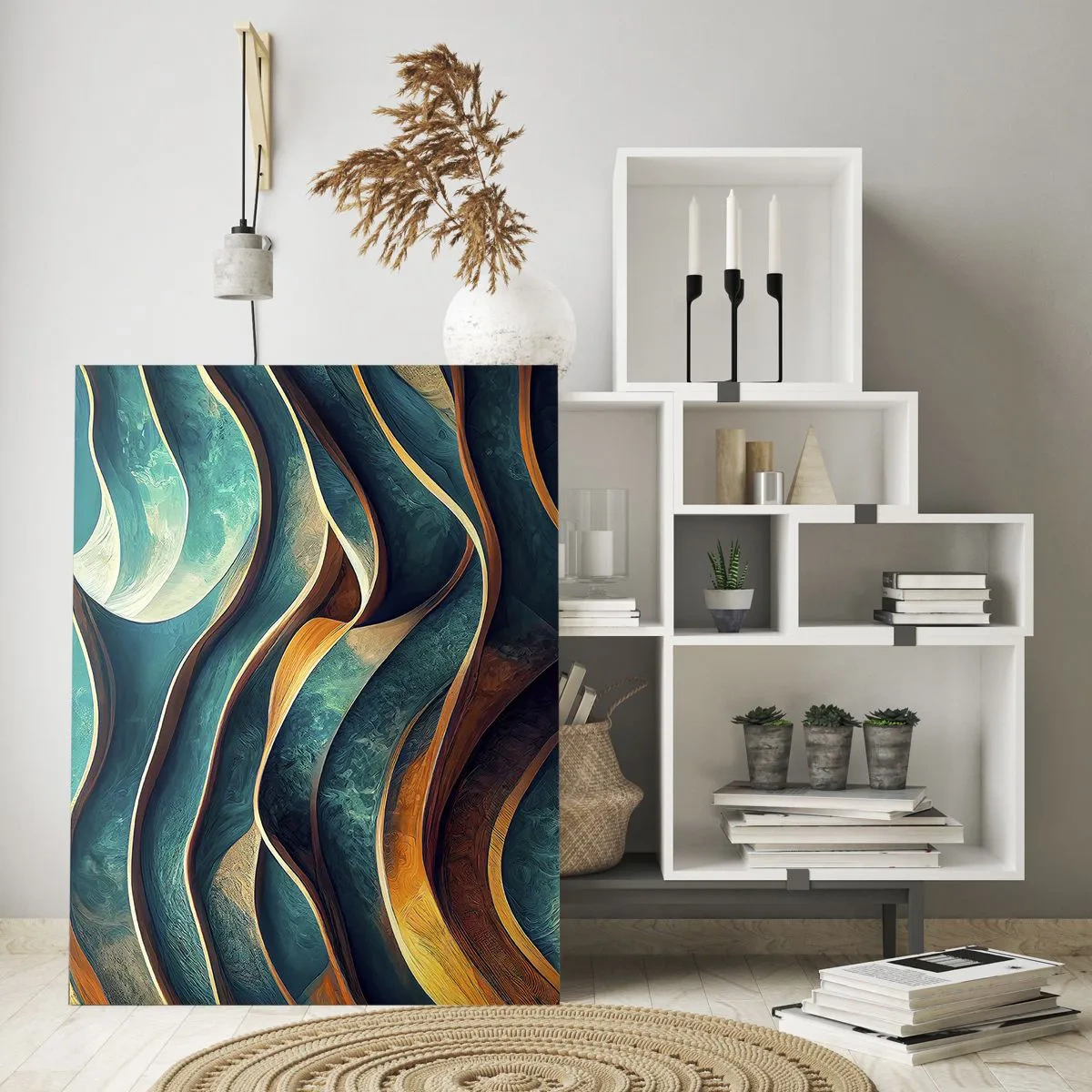 Glasbild - Bild auf glas - Dynamische Linien in Blau und Kupfer erzeugen Wellen - 50x70cm - Blaue Mäander - Moderne Wanddekoration für Wohnzimmer und Schlafzimmer ARTTOR