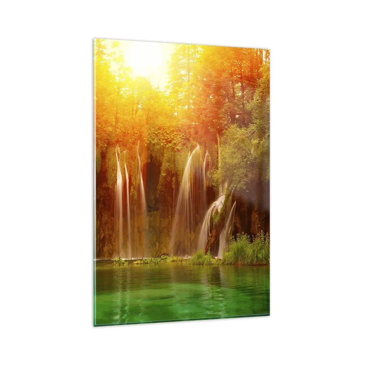 Glasbild - Bild auf glas - Wasserfälle umgeben von Grün im Schein der untergehenden Sonne - 80x120cm - In der Sonne und im Schatten - Moderne Wanddekoration für Wohnzimmer und Schlafzimmer ARTTOR