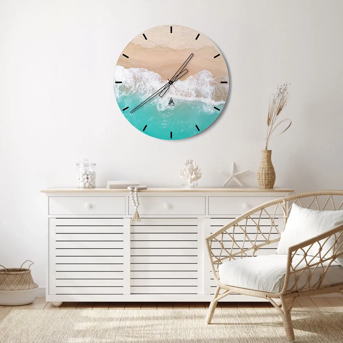 Wanduhr - Glasuhr - Ein Strand mit Sand und türkisfarbenem Wasser aus der Vogelperspektive aufgenommen - 30x30cm - Eine streichelnde Berührung - Moderne Wanddekoration für Wohnzimmer, Küche und Schlafzimmer ARTTOR