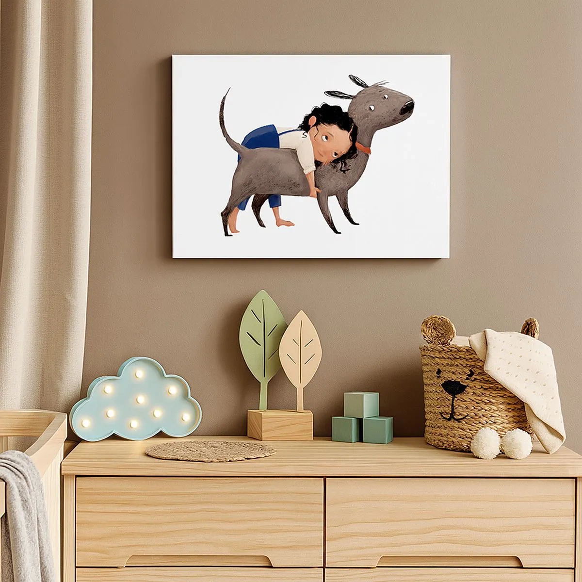Bild auf Leinwand - Leinwandbild - Cartoonartige Illustration eines Kindes, das einen Hund umarmt - 70x50cm - Beste Freunde - Moderne Wanddekoration für Wohnzimmer und Schlafzimmer ARTTOR