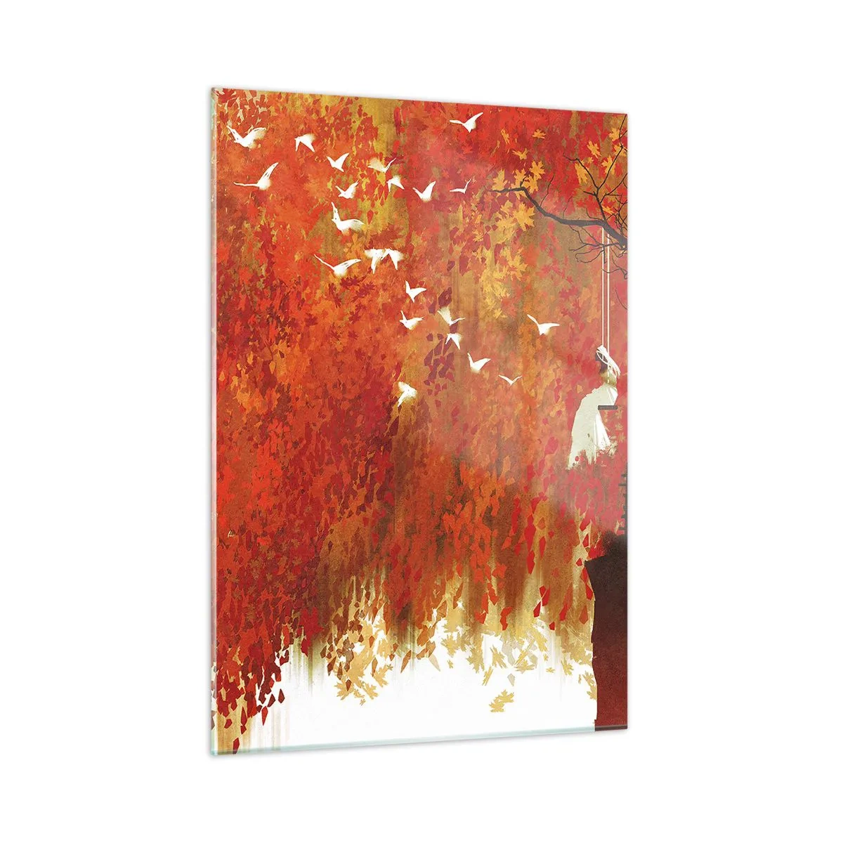 Glasbild - Bild auf glas - Rote Blätter, ein einsamer Baum und Vögel in einer Herbstszene - 50x70cm - Wird er mit ihnen fliegen? - Moderne Wanddekoration für Wohnzimmer und Schlafzimmer ARTTOR