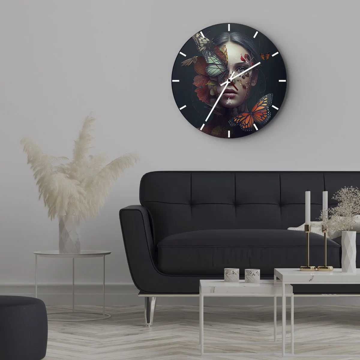Wanduhr - Glasuhr - Eine Frau mit Schmetterlingen und Blättern im Gesicht in einer künstlerischen Komposition. - 30x30cm - Wunderbare Metamorphose - Moderne Wanddekoration für Wohnzimmer, Küche und Schlafzimmer ARTTOR
